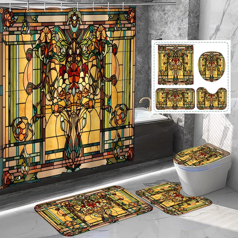 Set da 4 pezzi di tende da doccia impermeabili stampate con vaso di vetro giallo con 12 ganci e tappetini da bagno