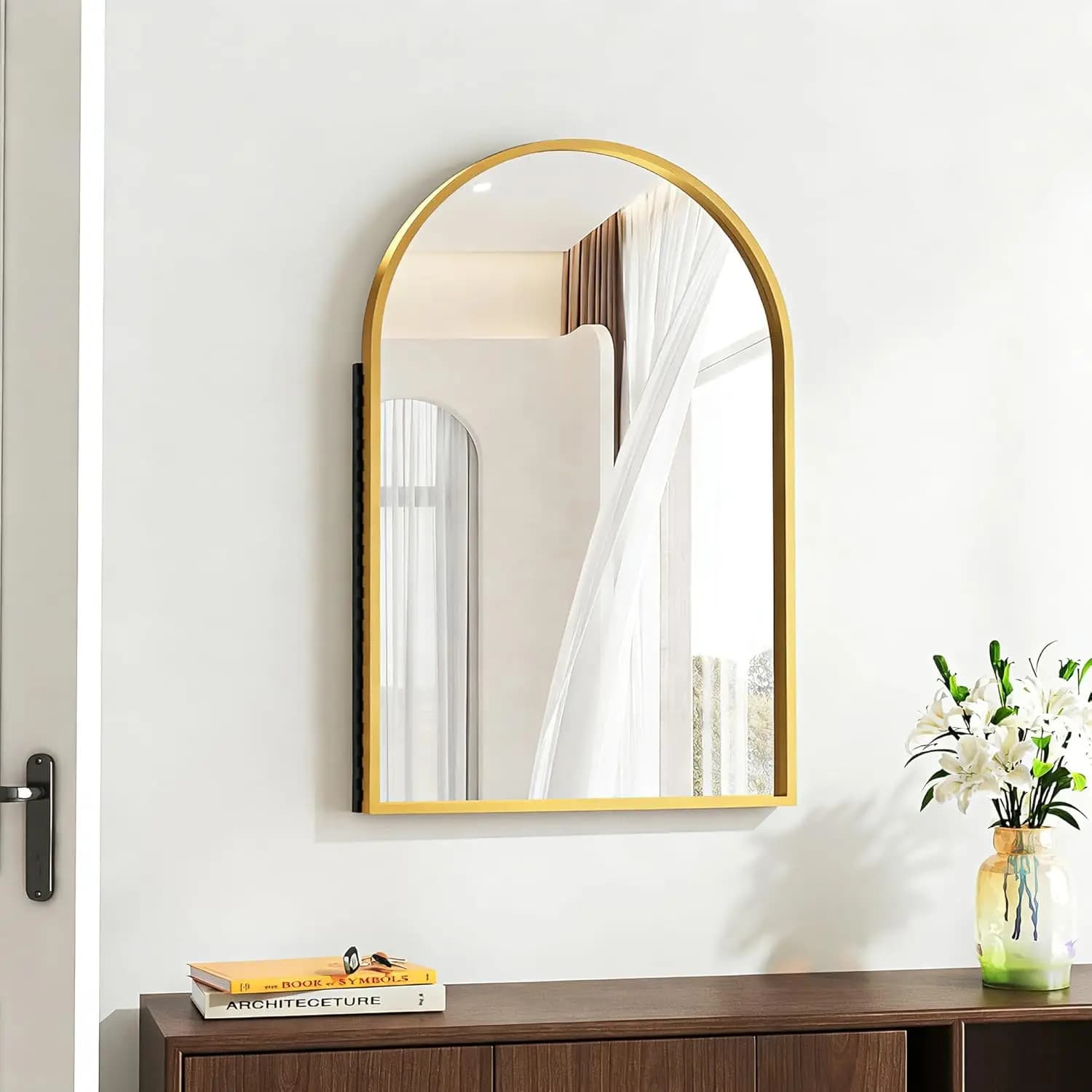 Armadietto Medico ad Arco con Specchio Incassato 30x20, Bordo Smussato, Finitura Oro, Montaggio a Parete per Bagno, Personalizzabile