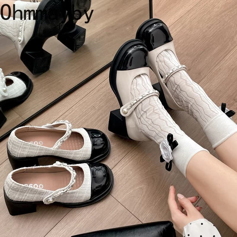 2026 New Spring Autumn Thick Heel Women Mary Jane Shoes Fashion Chain Buckle Shoes Vintage Platform Height Increase Dress Shoes