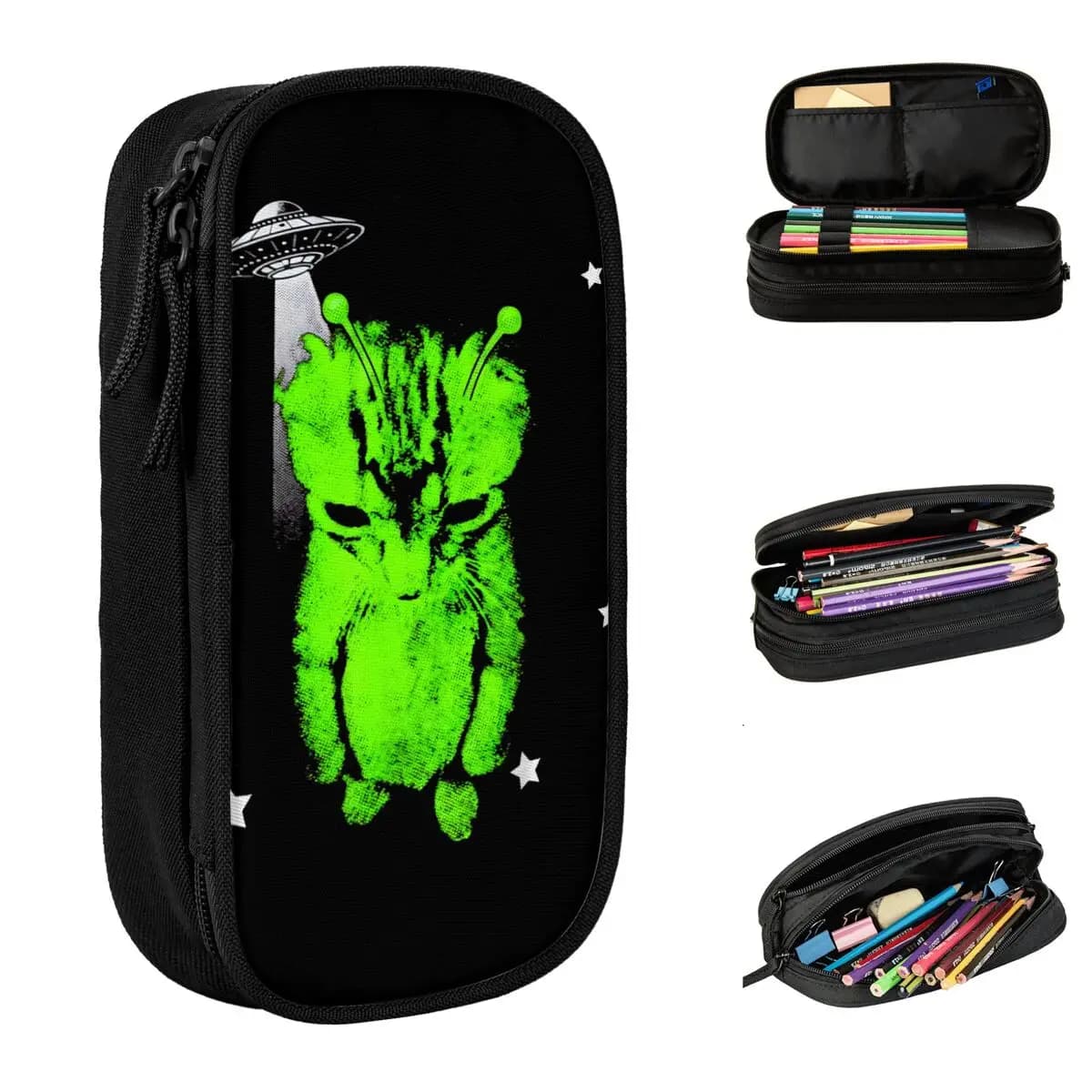 Astuccio per matite con simpatico gatto alieno UFO, astucci per penne, scatole portapenne, borse per bambini di grande capacità, astucci con cerniera per studenti, cancelleria scolastica