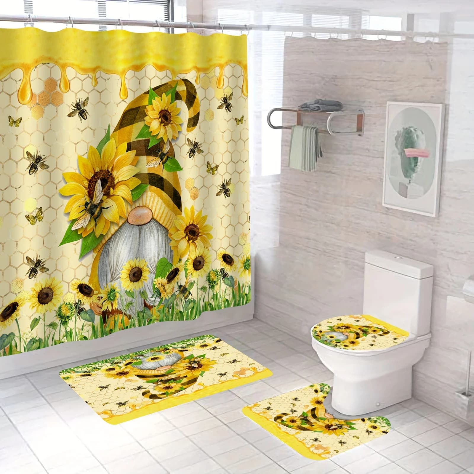 Set da bagno da 10 pezzi con gnomo girasole: tenda da doccia impermeabile, tappetino da bagno, copriwater – arredamento bagno moderno