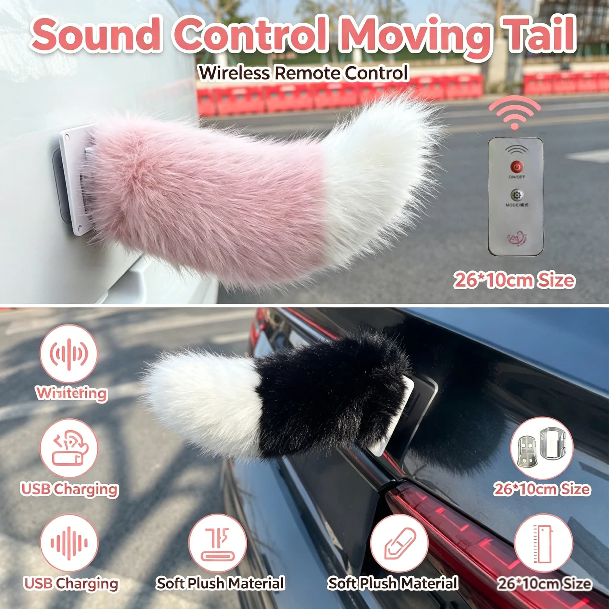 Cute Electric Fluffy Tail Car Decoration Remote & Sound Control USB Rechargeable Plush Accessory With Easy Mount Buckle