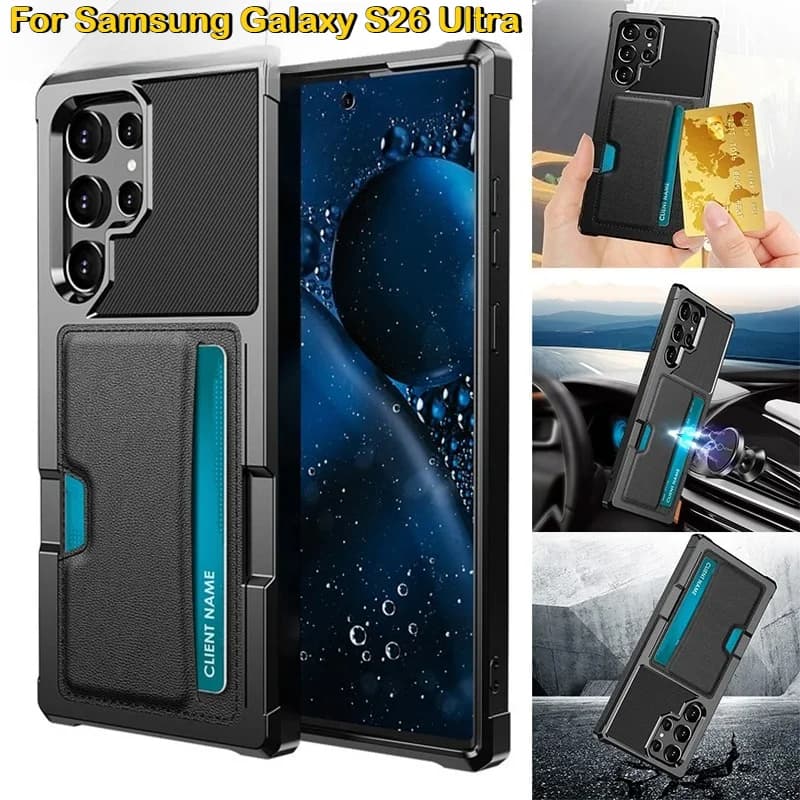 Magnetic Car Case with Leather Card Slots for Samsung Galaxy S26 Pro S25 Edge S24 S23 FE + S22 Note20 Ultra PU Shock Cover