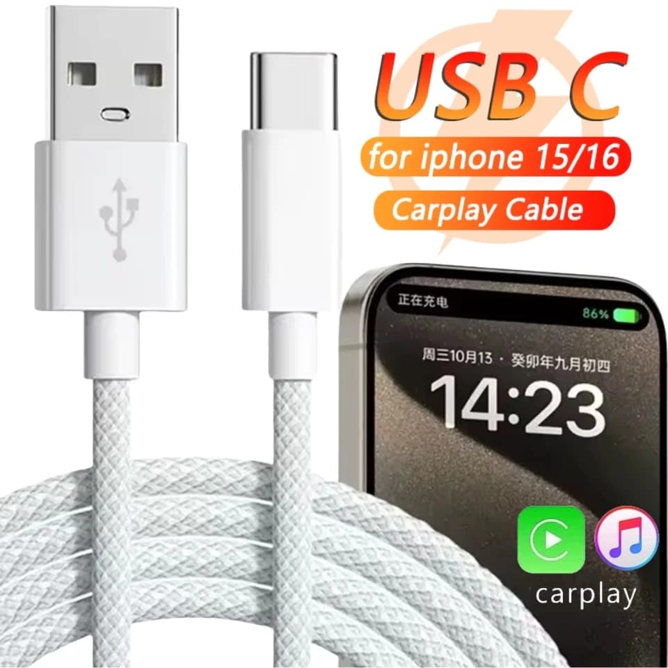 Cavo USB C per cellulare, ricarica rapida, da USB A a Tipo C, cavo intrecciato in nylon per Carplay, iPhone 15/16 Pro/15 Pro Max/15 Plus
