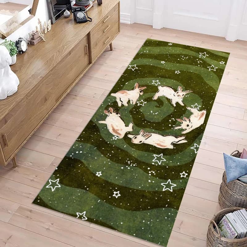 Simpatico Tappeto Runner Verde con Stelle e Coniglietti, Antiscivolo, Morbido e Lavabile per Corridoio, Cucina, Camera da Letto, Decorazione Casa