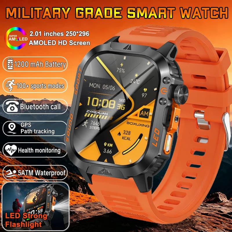 Nuovo Smartwatch da Uomo con Batteria di Grado Militare da 1200 mAh, Schermo AMOLED da 2.01'', Fitness Tracker, Impermeabile 5ATM, Chiamate Sportive