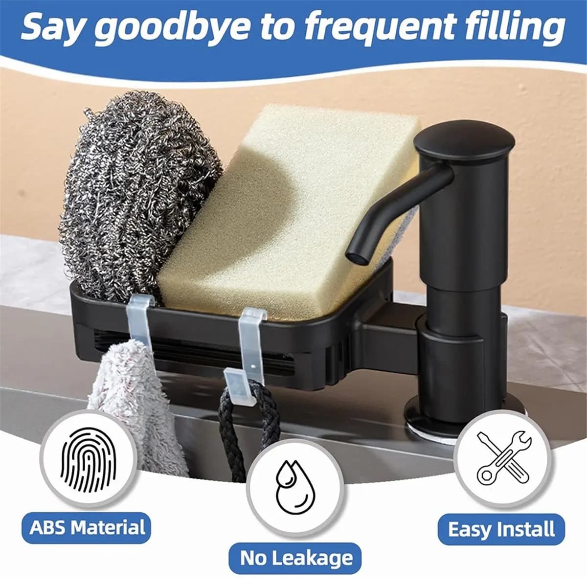 Dispenser di Sapone SSR per Lavello da Cucina, Pompa Dispenser Integrata con Porta Spugna, Testine Pompa in ABS Nere da Installare Sotto il Lavello