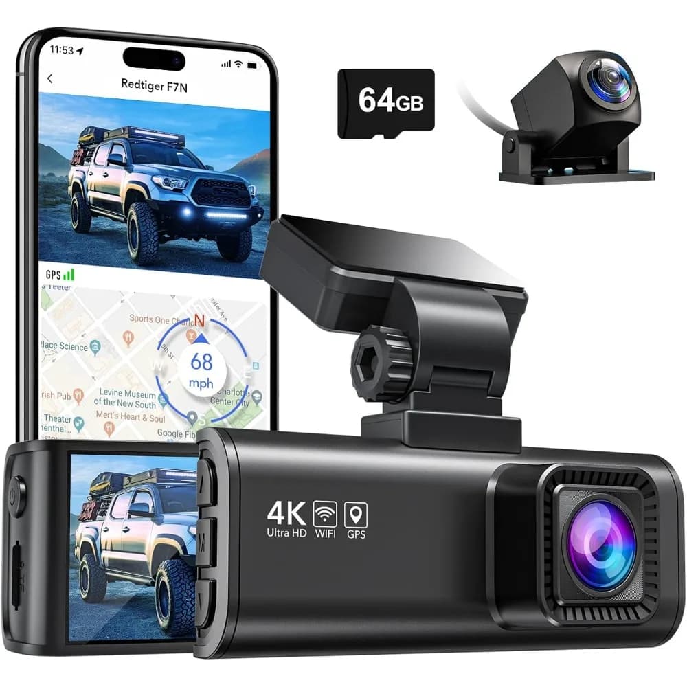REDTIGER F7N 4K Dash Cam front and rear, integrated WiFi GPS 4K + 1080P Double dashboard camera for cars, Dashcam with 3.18 inch display, 170 ° Large