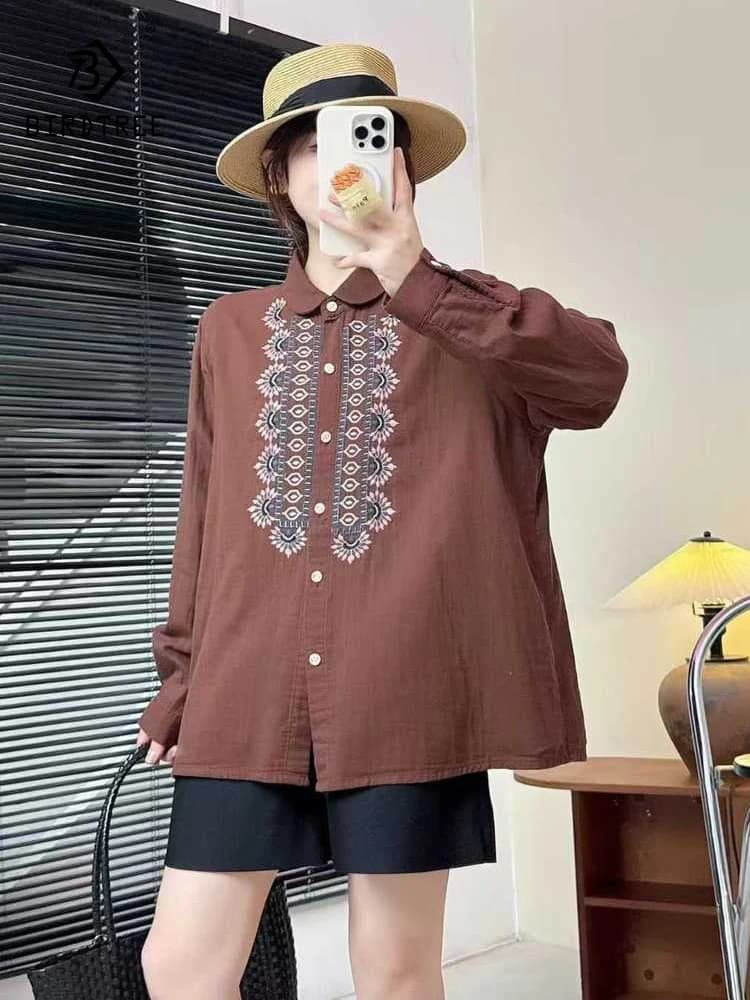 Nuova camicia a maniche lunghe in filato di cotone primavera 2026, ricamo colletto rovesciato da donna, camicetta ampia stile etnico Mori Girl T5D848CC