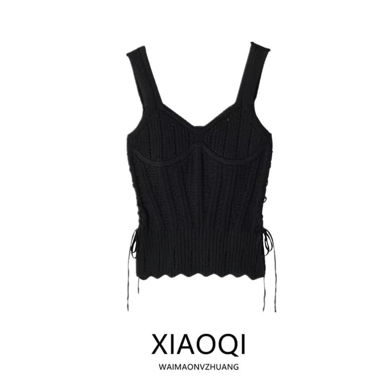 Women's Knitted Vest Top Tight Fit V-Neck New Arrival Spring Summer Fashion Wind Design Belted Bandage Style Short Length