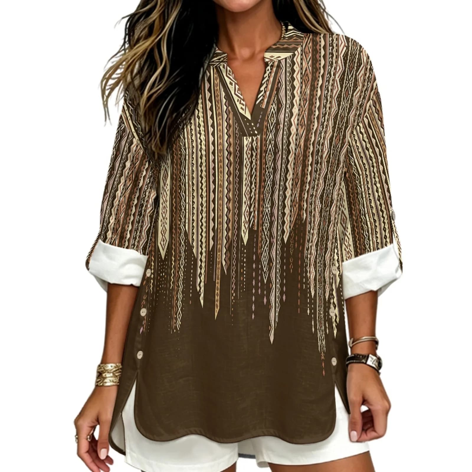 INSTANTARTS Women'S Linen V-Neck Shirt Breathable Long-Sleeved Top Blouse Roll-Up Cuff Lightweight Comfortable Soft Geometry