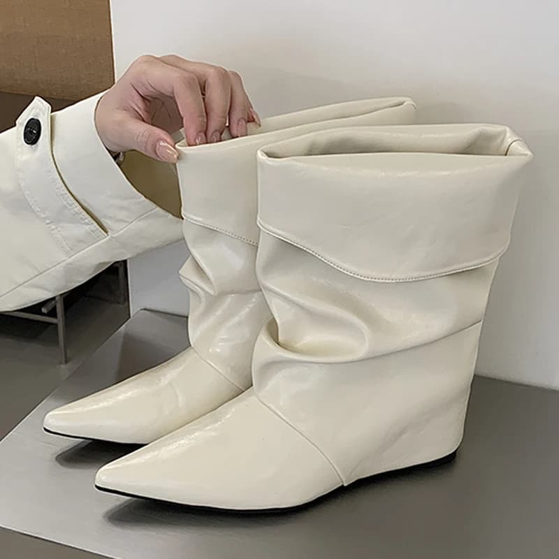 Eilyken New Design Turned-over Edge Pointed Toe Woman Ankle Boots Fashion Wedges Heels Modern Booties Spring Autumn Shoes