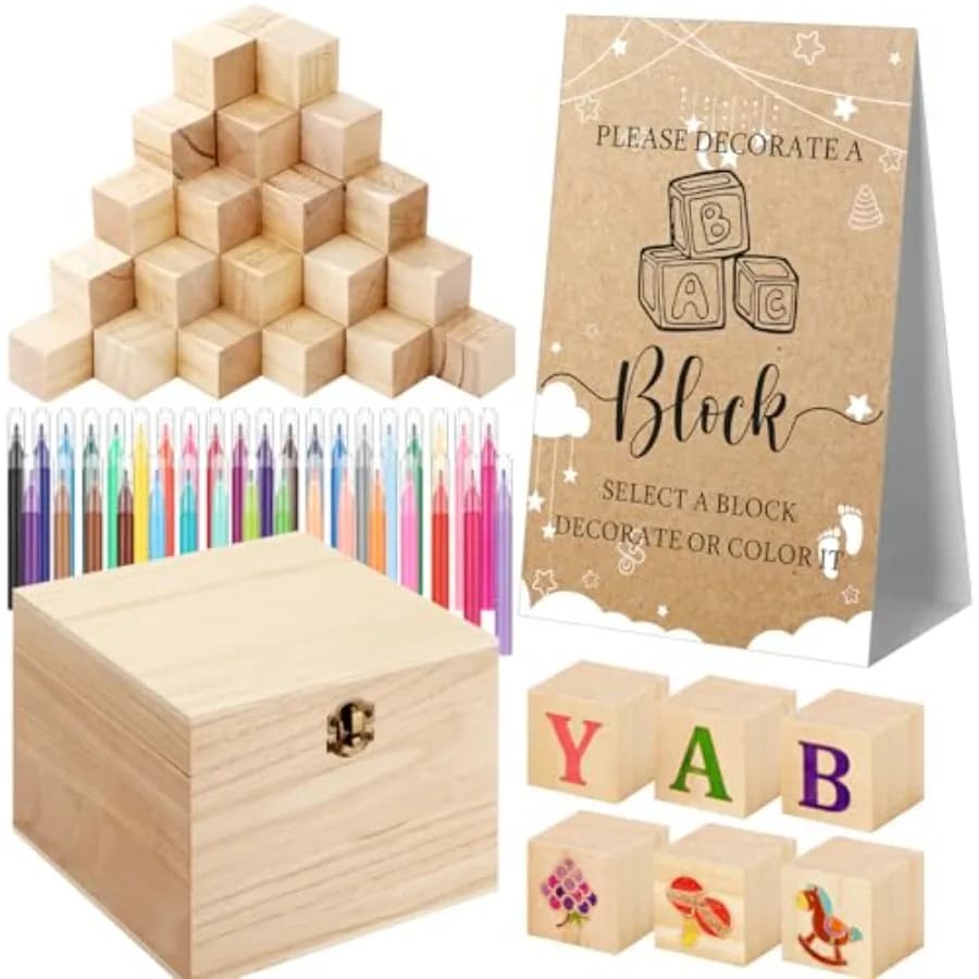 136 Pcs Baby Shower Blocks to Decorate Game Kit Includes 98 Wooden Blocks, 36 Markers, 1 Game Sign, 1 Storage Box for Baby Show