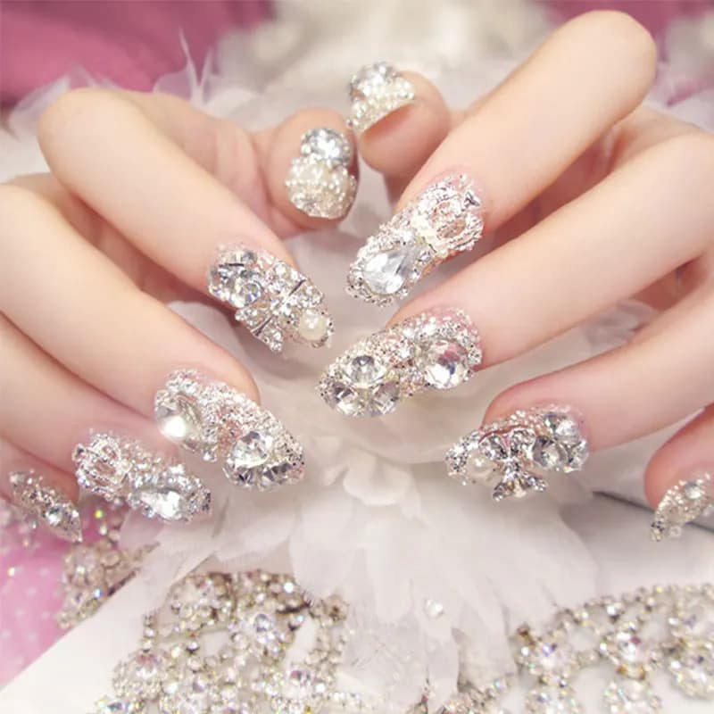 24 pezzi unghie finte lunghe glitter diamante perla bowknot corona design stampa sulle unghie punte unghie finte acrilico artificiale indossabile
