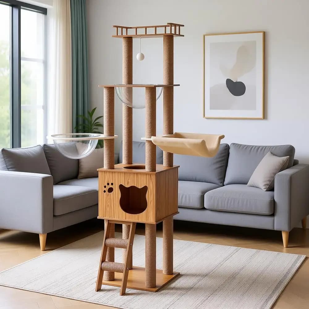 Albero per Gatti in Legno con Cuccia, Scale, Tiragraffi, 2 Ciotole, Tiragraffi in Sisal, Amaca, Trespolo Superiore per Gatti Grandi