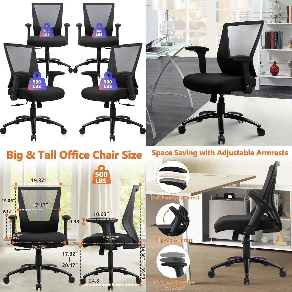 500lbs Big and Tall Office Chair Heavy Duty Ergonomic Mesh Desk Chairs with Wide Thick Seat Cushion and Adjustable Armrests for
