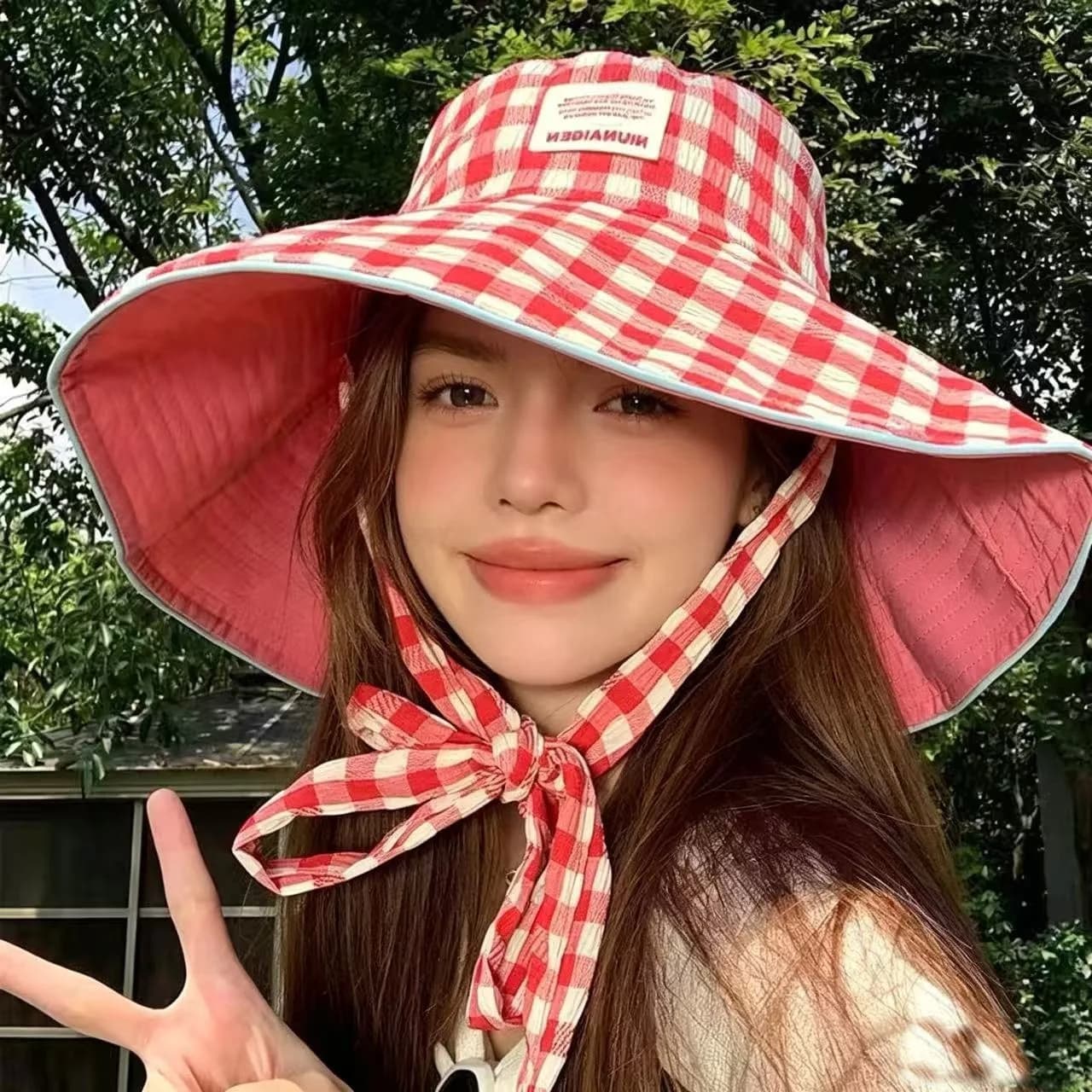 Cappello a secchiello da donna a doppio lato con motivo scozzese, bordo largo e lacci, estivo, versatile per l'outdoor, con protezione solare e colori a contrasto, stile dolce