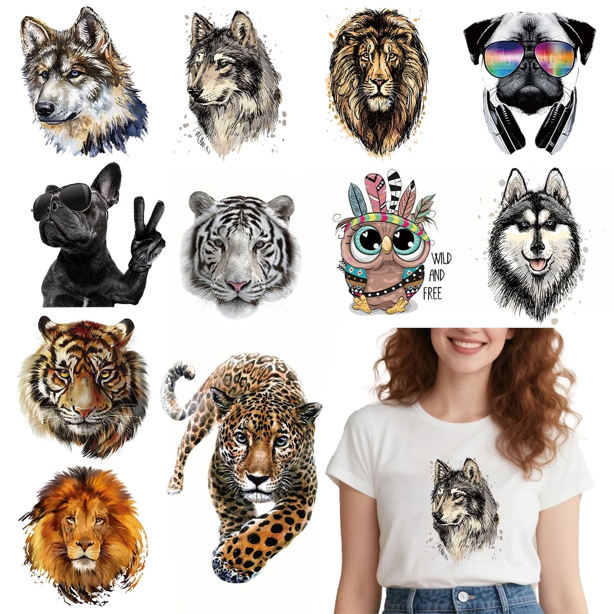 Animal Heat Transfer Printing Stickers, Lion, Dog, Leopard, Tiger Pattern Design, For DIY Clothing Decoration, T-Shirts, Jeans