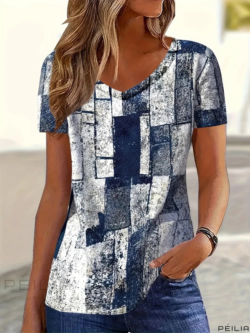 T-shirt da donna nuova estate T-shirt da donna con stampa scozzese in denim 3D con scollo a V Camicia a maniche corte T-shirt da donna di moda Abbigliamento Y2k T-shirt da donna