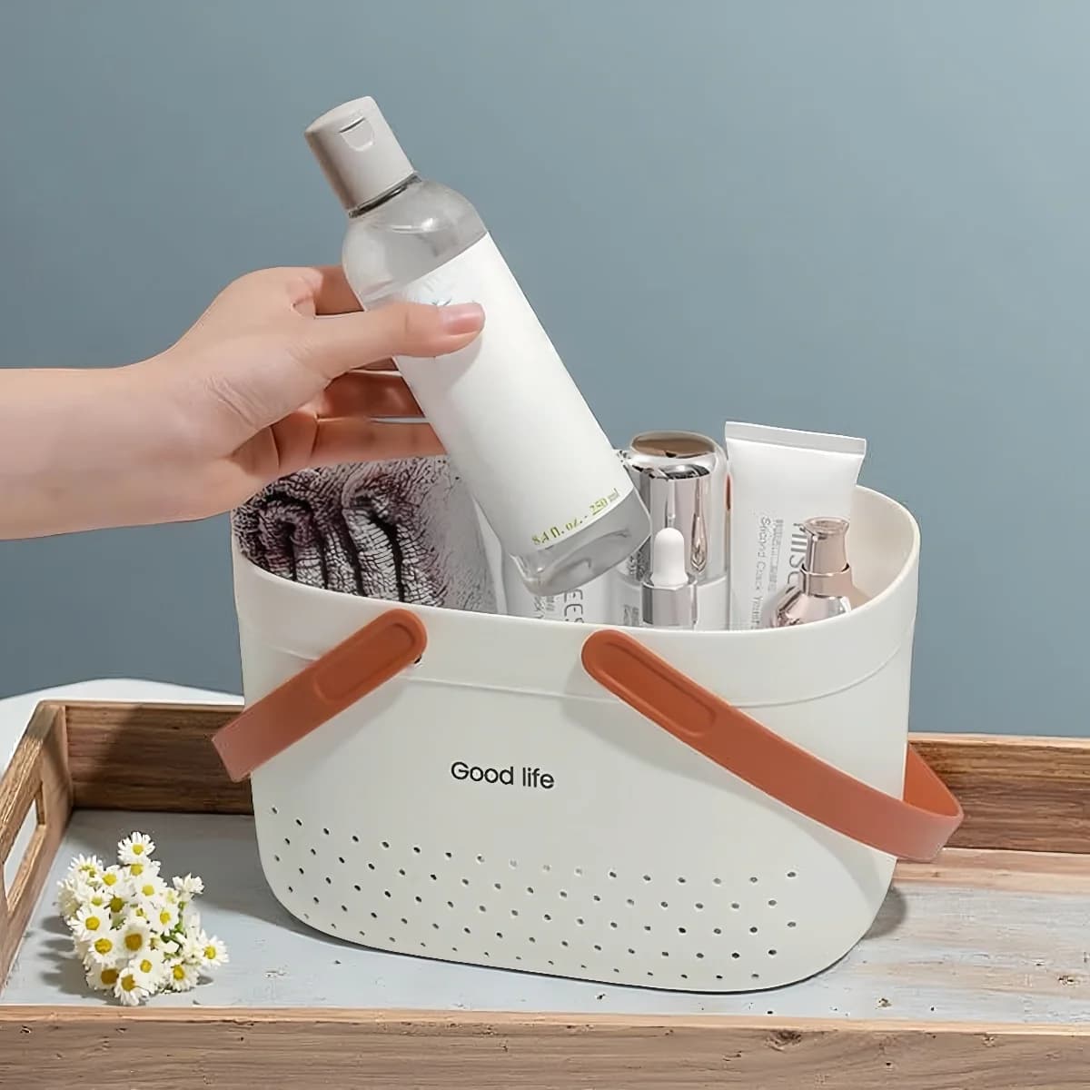 Cesto portaoggetti grande in plastica per bagno, organizer per trucchi, organizer moderno per bagno, pieghevole con maniglia