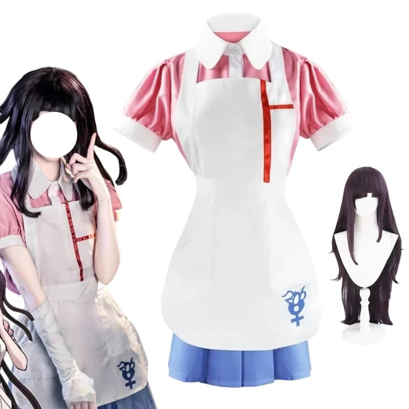 Game Mikan Tsumiki Cosplay Costume Pink Shirt Blue Skirt White Apron Full Set for Women Role Play Outfit Theme Party