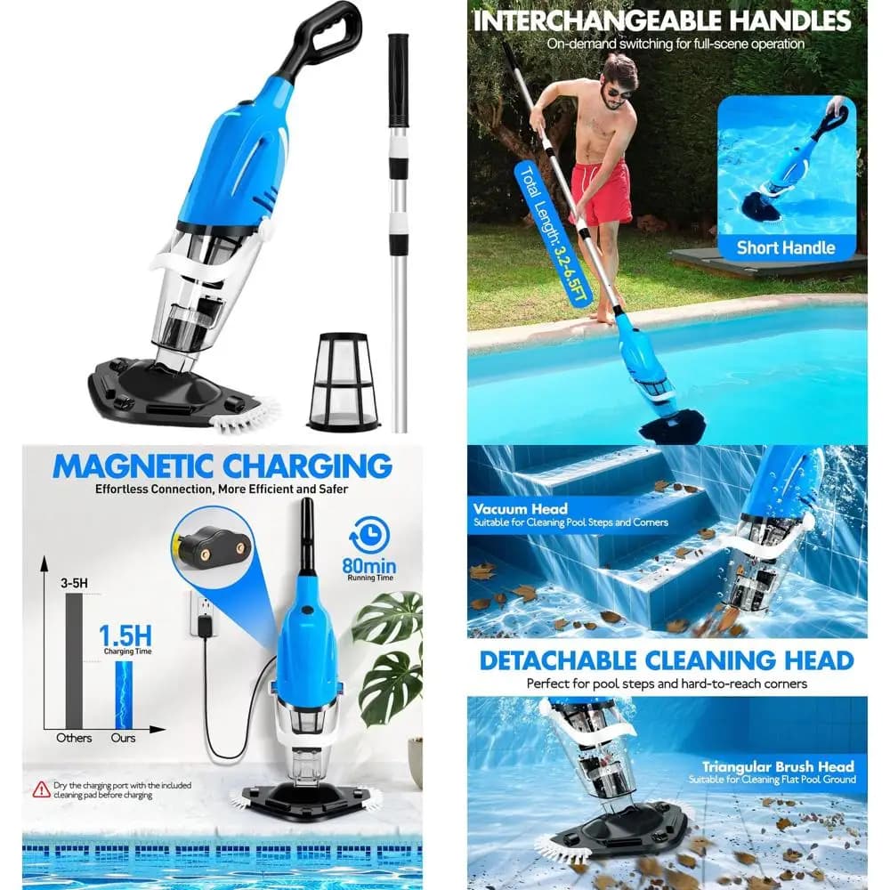 Aspiratore manuale per piscine fuori terra con ricarica magnetica, anti-riflusso, aspirazione 18,5 GPM, autonomia 80 minuti