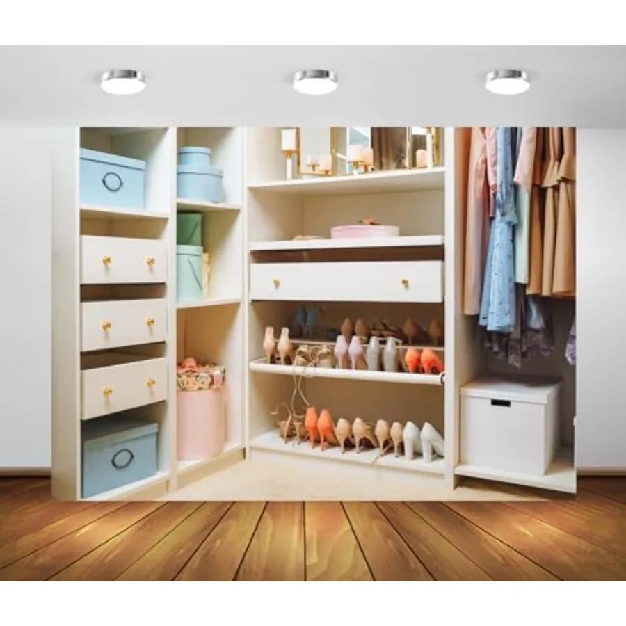 Sfondo in tessuto 6x4ft per guardaroba femminile, elegante armadio con vestiti, scarpe, accessori e scatole portaoggetti, carta da parati per sfondo