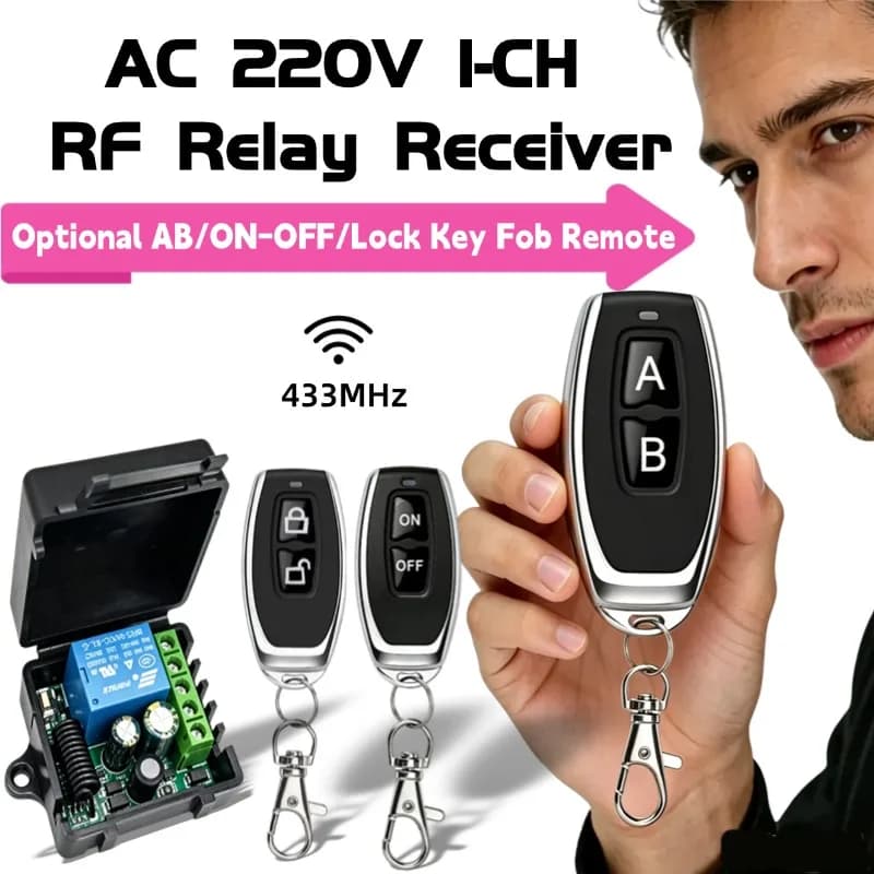 AC110V 220V 1CH 433MHz RF Relay Receiver Module Optional AB/ON-OFF/Lock Key Fob Remote For Garage Curtain Motor Light Control