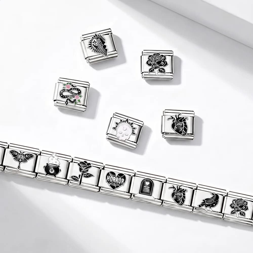 Skull Horror Crow Black Rose Gothic Dark Aesthetic Italian Charm Links 9mm Stainless Steel Bracelet Jewelry DIY Making Halloween