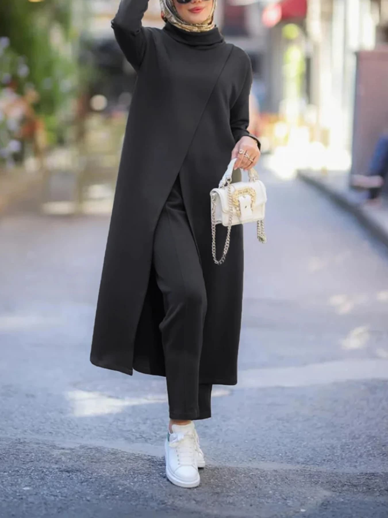 Women Black Abaya Two Piece Set Solid High Neck Irregular Slit Long Maxi Robe Wide Leg Pants Dubai Muslim Islamic Modest Outfit
