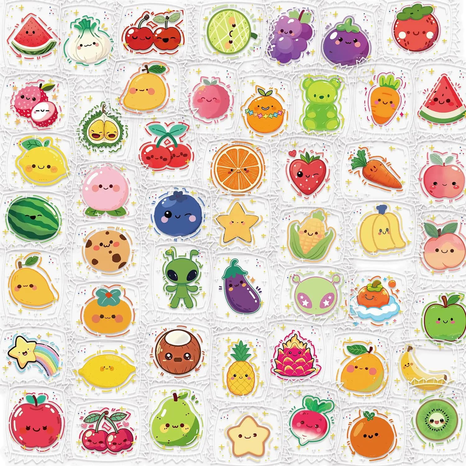 50Pcs/Set Kawaii Food Stickers Cute Fruit Vegetable Stickers with Stamp Frame, Waterproof PET Stickers for Kids Notebook Decor