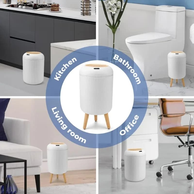 Modern Automatic Sensor Trash Can with Wooden Legs & Bamboo Lid, Vertical Textured Smart Waste Bin with Lid, Odor Proof Small Garbage Can for Bathroom Kitchen Living Room Office