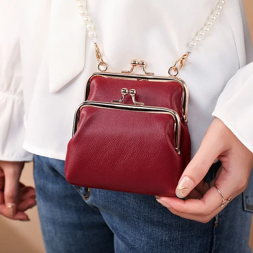 Elegant Kiss Lock Shoulder Bag Mini Magnetic Buckle Pearls Chain Crossbody Bag Large Capacity Vintage Detachable Coin Purse Lady