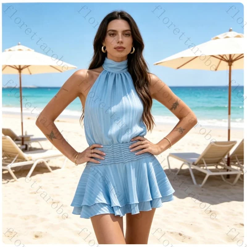 Customized Light Blue Striped Satin Halter Mini Dress Back Tie Bow Smocked Waist Double Layer Ruffle Skirt for Casual DinnerDate