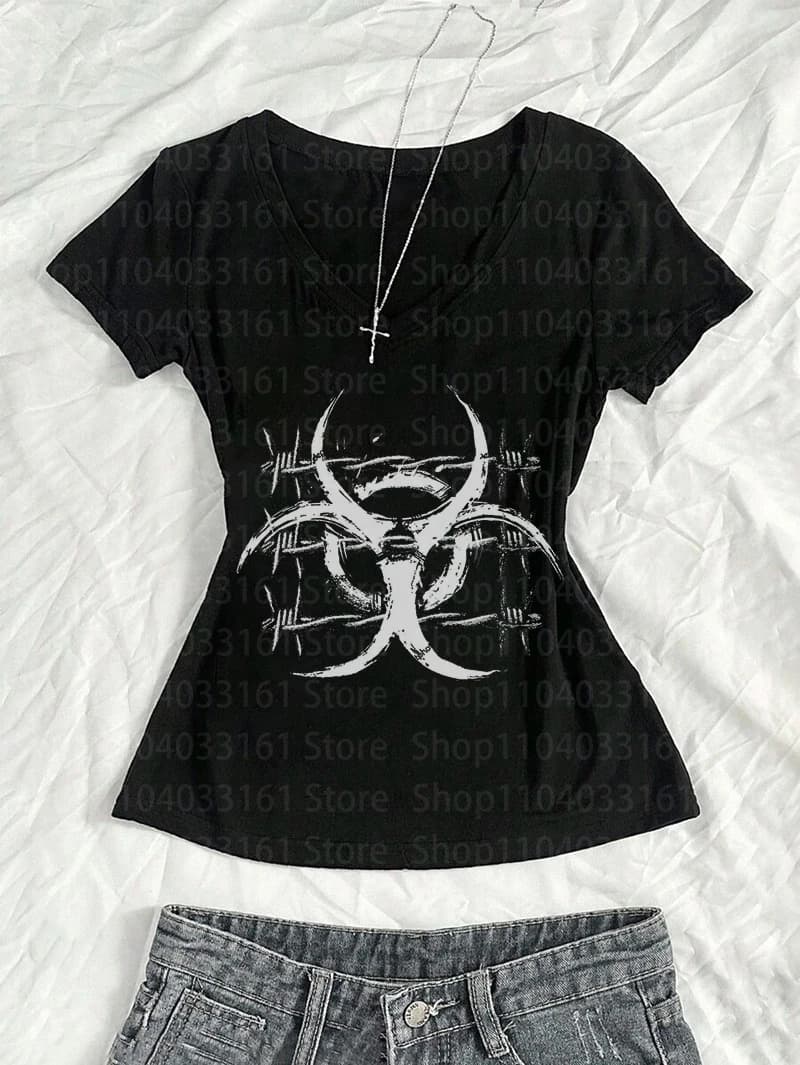 T-shirt corta con stampa di lettere in stile Y2K, streetwear estetico, grunge, casual estivo a maniche corte per ragazze emo.