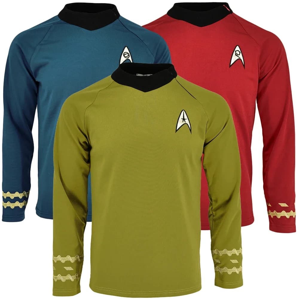 Costume di Halloween Startrek Cosplay TOS Capitano Kirk Camicie dorate Spock Uniformi blu Top della Flotta Stellare rossa per cappotto da uomo Party Prop