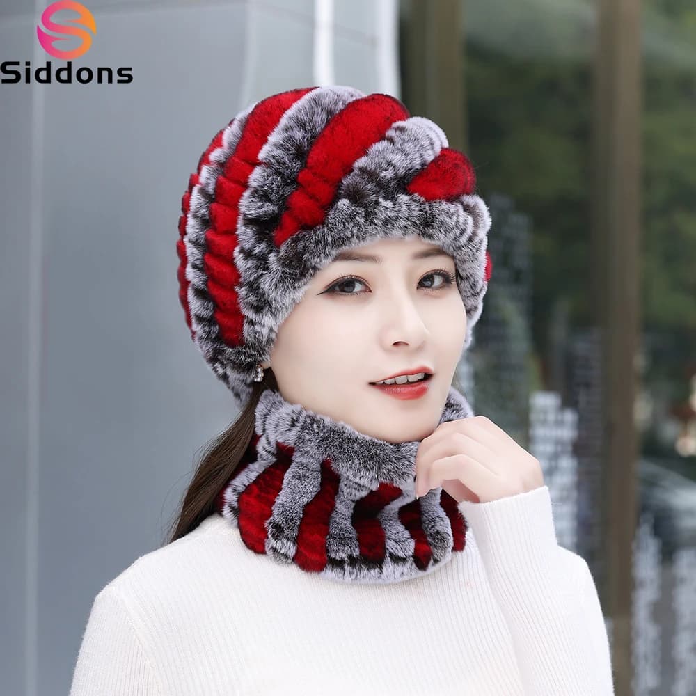 2025 Women Real Rex Rabbit Fur Hat Scarf Sets Natural Warm Rex Rabbit Fur Scarves Hat Winter Lady Real Rex Rabbit Fur Hat Scarf
