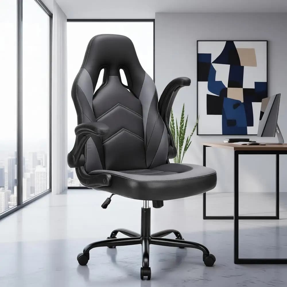 Sedia da gioco ergonomica per adulti: sedia da scrivania ad altezza regolabile con braccioli ribaltabili, sedia girevole in pelle PU grigia con 360° ° Wh Wh