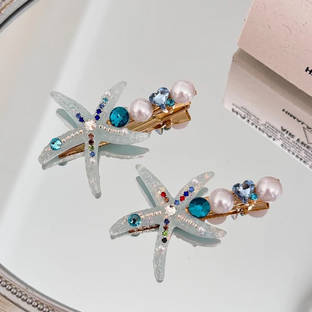 Fermagli per capelli a forma di stella marina stile spiaggia, stella marina in acrilico blu con perle finte e strass, fermagli per capelli estivi per donne e ragazze
