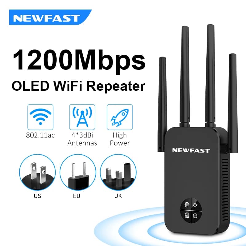 COMFAST WIFI5 1200Mbps Ripetitore di Segnale WiFi 5G, Extender Amplificatore con Display OLED, Ripetitore a 4 Antenne a Lungo Raggio UK