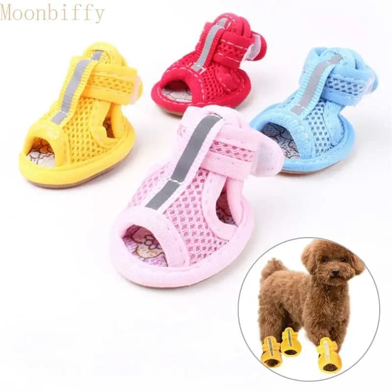 4 pz/set Estate antiscivolo Traspirante Scarpe per cani Sandali per cani di piccola taglia Calzini per cani da compagnia Scarpe da ginnastica per cani Cucciolo Blu Gatto Scarpe Stivali