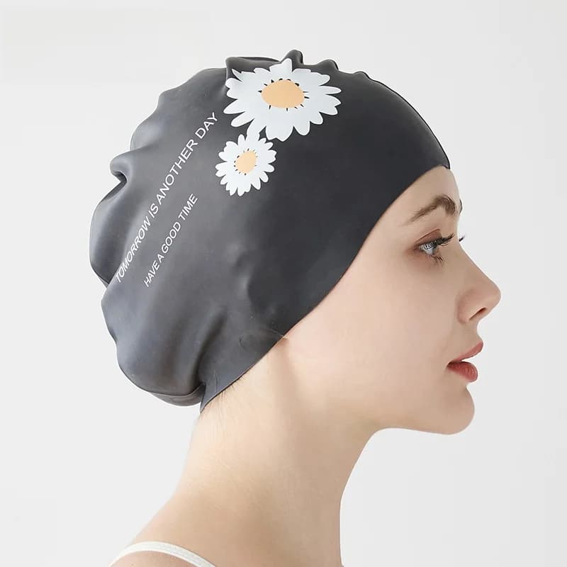 Women's Large Silicone Swimwear, Special for Long Hair, Waterproof, With Ear Protection, Margherite Printing, Professional Swimming Equipment