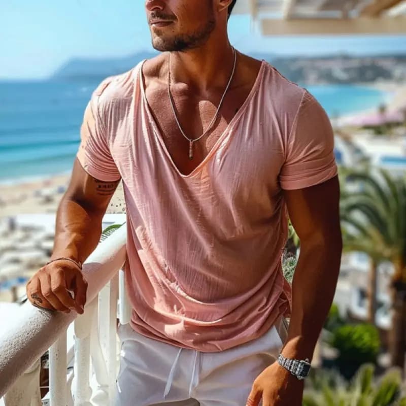 T-shirt da uomo con scollo a V, design semplice, in cotone traspirante, comoda, casual, estiva, da indossare ogni giorno, top basic minimalista