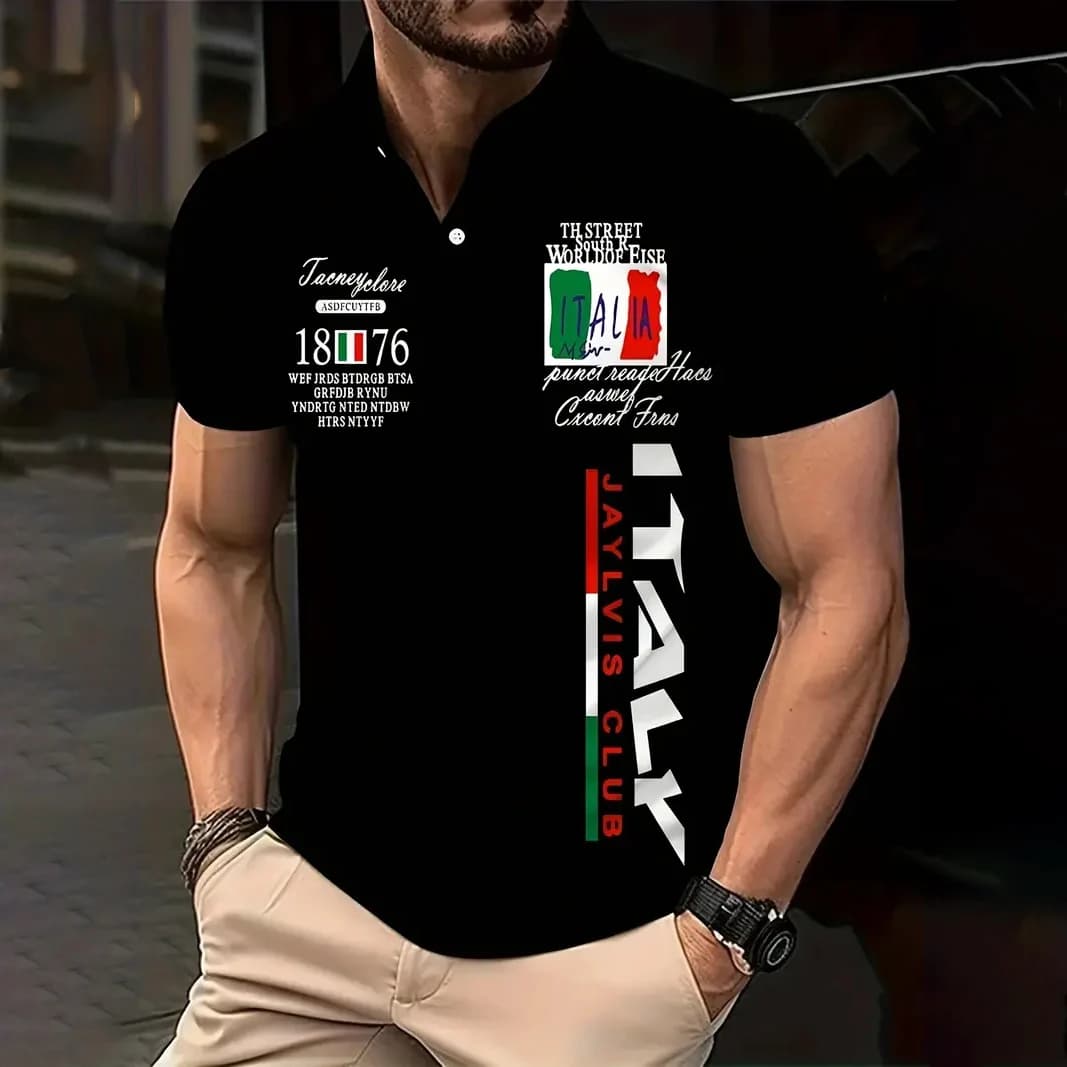 Polo da golf sportiva da uomo estiva di vendita calda con stampa di lettere italiane, polo comoda e traspirante, top casual da esterno