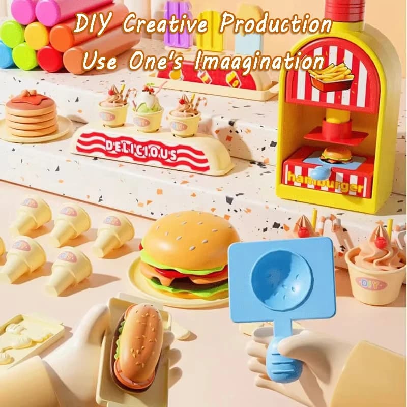 Giocattoli per Bambini con Macchina per Plastilina, Argilla Colorata Fai-da-Te, Gioco di Simulazione Gelato e Hamburger, Kit Creativo per Slime, Regali