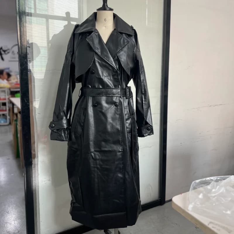Women Oversized Long Faux Leather Trench Coat Double Breasted Lapel Belt Waist Windbreaker Vintage Commuter Pu Leather Outerwear