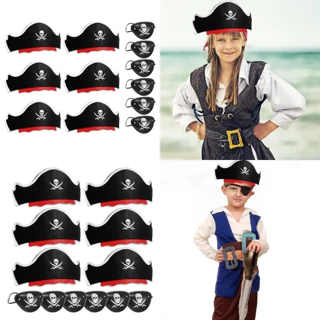 39BD 12Pcs Pirate Hat and Pirate Eyemask, Kid Halloween Pirate Dress up Costume Accessories for Halloween, Carnivals, Cosplay