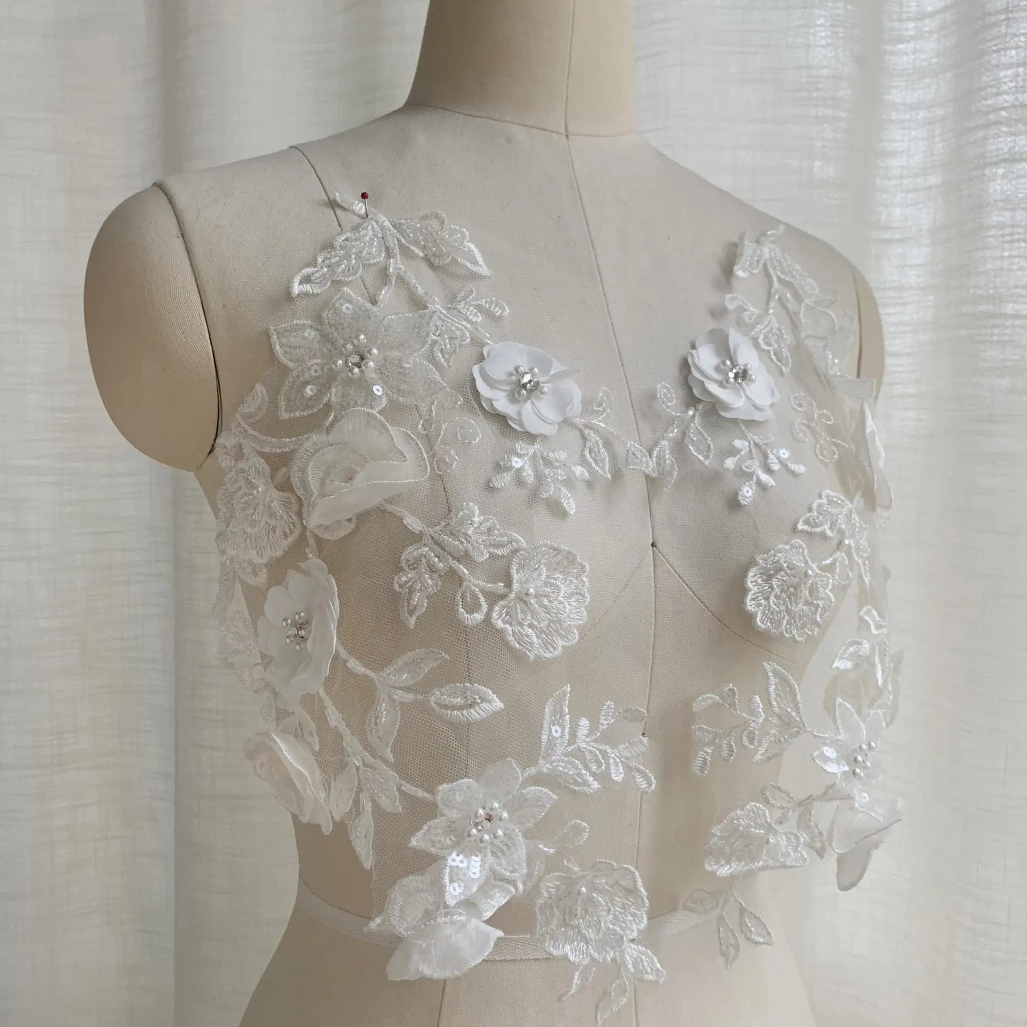 3D Applique Bead Embroidery Patch High End Custom Bridal Wedding Dress White Mirror Flower DIY Sewing Accessories