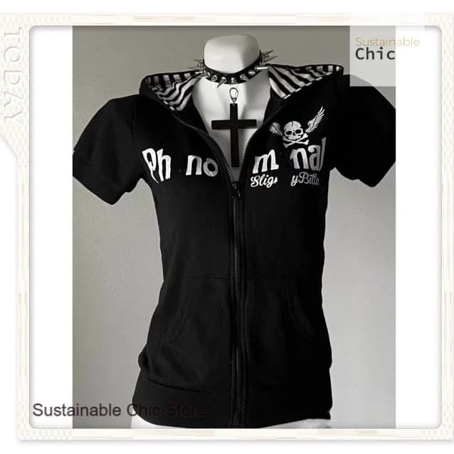 Summer new curtilage subculture skull print zipper cardigan short sleeve female Japanese slim spice striped hoodie top