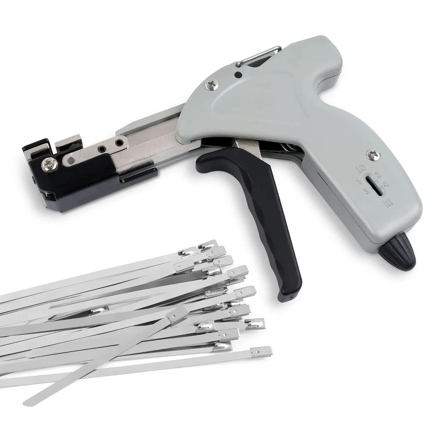 Pistola per Fascette in Acciaio Inox con Funzione di Tensionamento e Taglio, Include 100 Fascette Autobloccanti per Recinzioni a Catena e Tubi